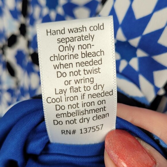 Stitch Fix 41 Hawthorn Mora Blue Stretch Knit Print Beaded Neck Dress L - Picture 7 of 9